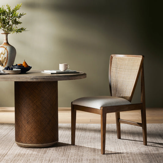 Alida Dining Chair by Four Hands in alcala cream, warm ash. Made from 70% polyester, 20% viscose (rayon), 10% flax, linen, solid ash, cane in a transitional style.