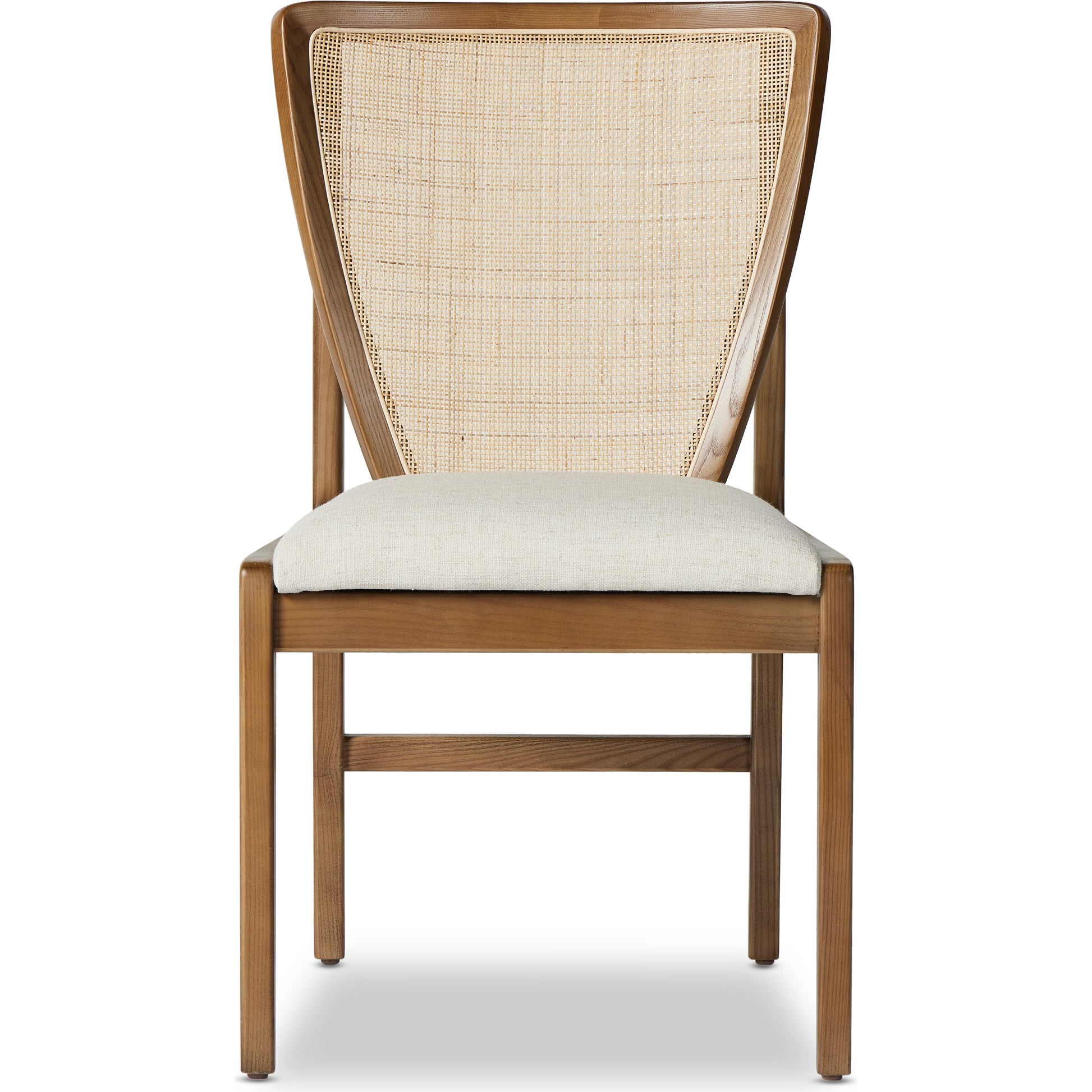 Alida Dining Chair by Four Hands in alcala cream, warm ash. Made from 70% polyester, 20% viscose (rayon), 10% flax, linen, solid ash, cane in a transitional style.