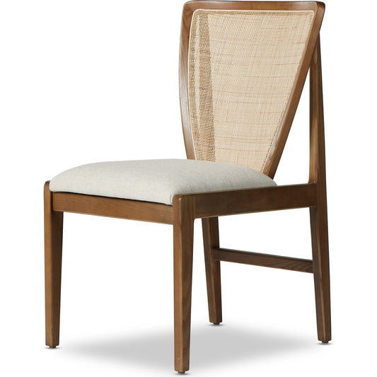 Alida Dining Chair by Four Hands in alcala cream, warm ash. Made from 70% polyester, 20% viscose (rayon), 10% flax, linen, solid ash, cane in a transitional style.