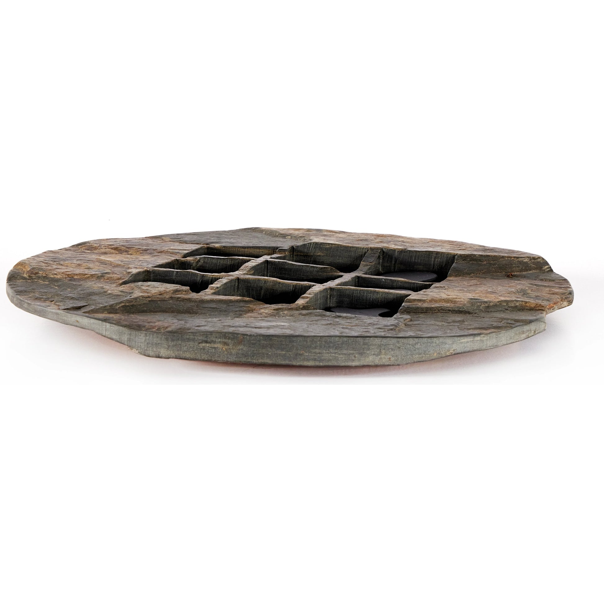 Stone Tic Tac Toe by Four Hands in grey stone, aged metal, carbonized black. Made from slate flagstone solid, solid mixed reclaimed wood, iron in a rustic style.