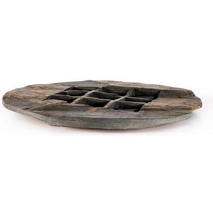 Stone Tic Tac Toe by Four Hands in grey stone, aged metal, carbonized black. Made from slate flagstone solid, solid mixed reclaimed wood, iron in a rustic style.
