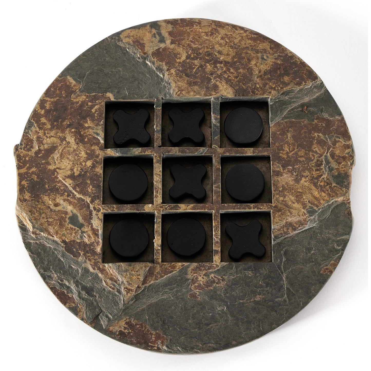 003 SI-2001964 | Additional Silo | Stone Tic Tac Toe by Four Hands in grey stone, aged metal, carbonized black. Made from slate flagstone solid, solid mixed reclaimed wood, iron in a rustic style.