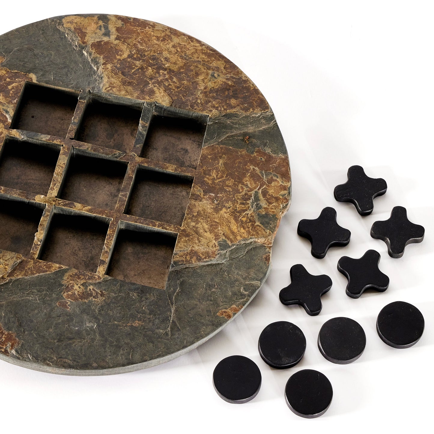 006 SI-2001964 | Closeup | Stone Tic Tac Toe by Four Hands in grey stone, aged metal, carbonized black. Made from slate flagstone solid, solid mixed reclaimed wood, iron in a rustic style.