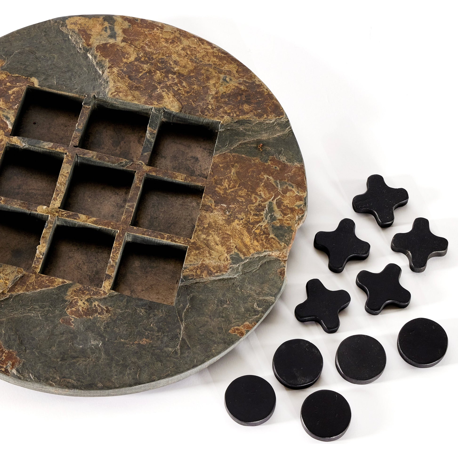 Stone Tic Tac Toe by Four Hands in grey stone, aged metal, carbonized black. Made from slate flagstone solid, solid mixed reclaimed wood, iron in a rustic style.