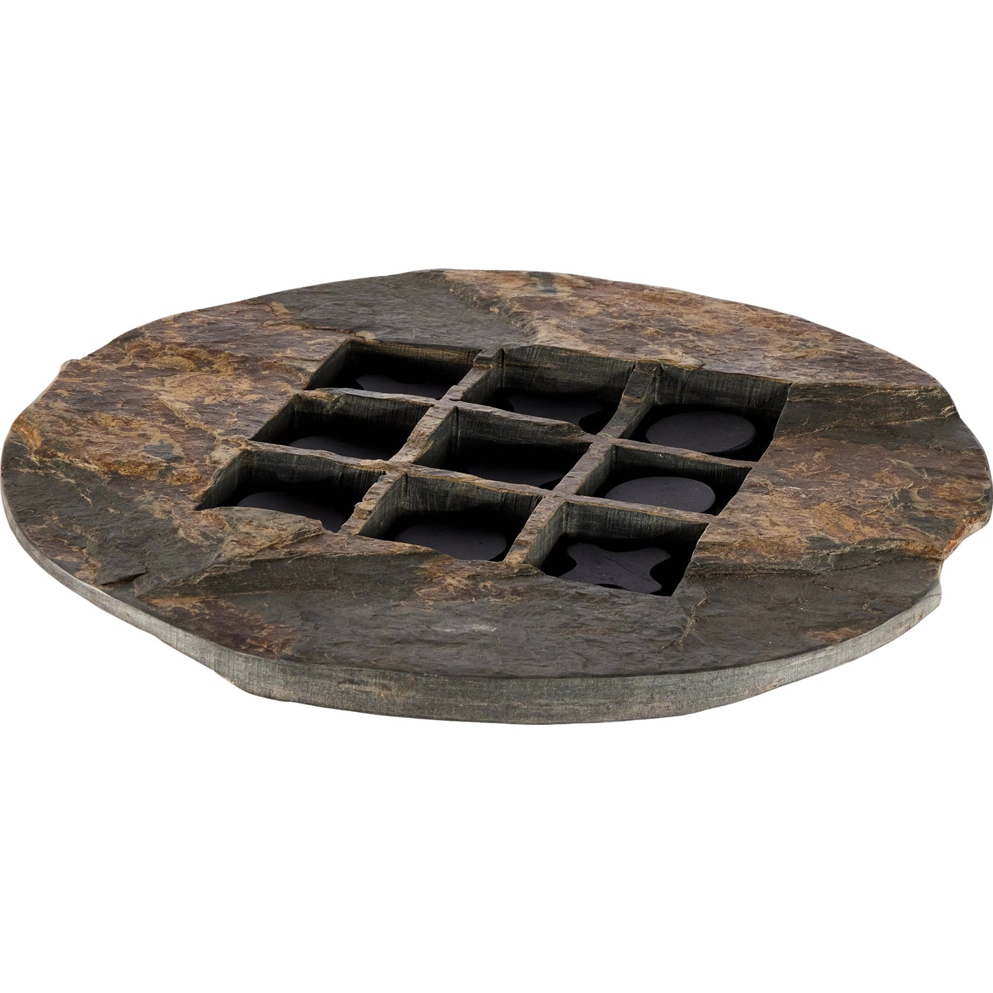 001 SI-2001964 | Primary Silo | Stone Tic Tac Toe by Four Hands in grey stone, aged metal, carbonized black. Made from slate flagstone solid, solid mixed reclaimed wood, iron in a rustic style.