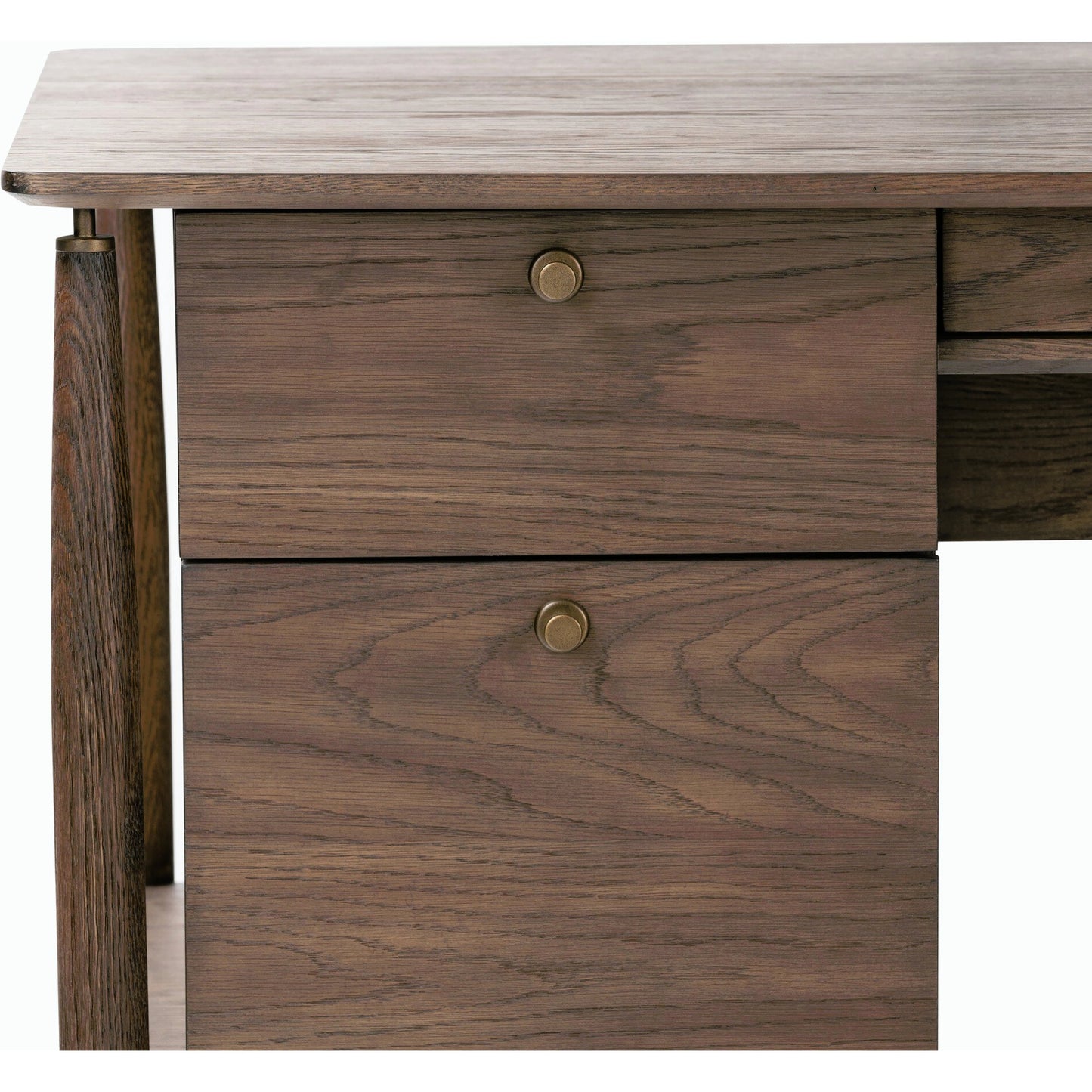 005 SI-2158294 | Closeup | Markia Executive Desk by Four Hands in aged oak veneer, rubbed bronze and aged oak veneer. Made from oak veneer, solid oak, iron in a modern style.