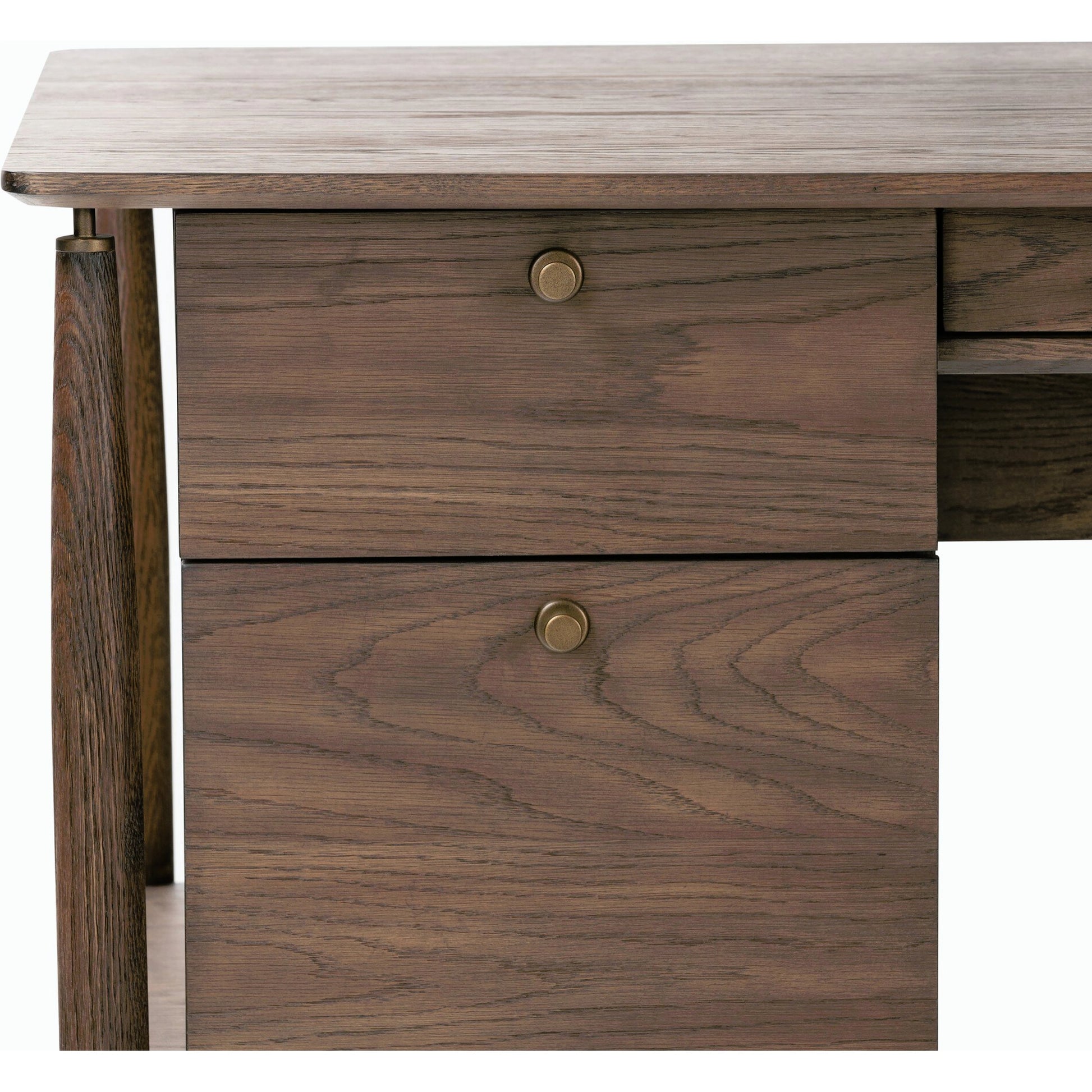 Markia Executive Desk by Four Hands in aged oak veneer, rubbed bronze and aged oak veneer. Made from oak veneer, solid oak, iron in a modern style.