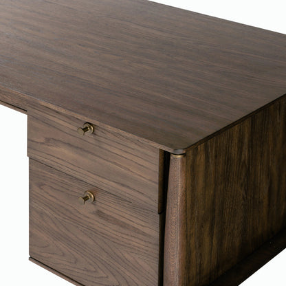 Markia Executive Desk by Four Hands in aged oak veneer, rubbed bronze and aged oak veneer. Made from oak veneer, solid oak, iron in a modern style.