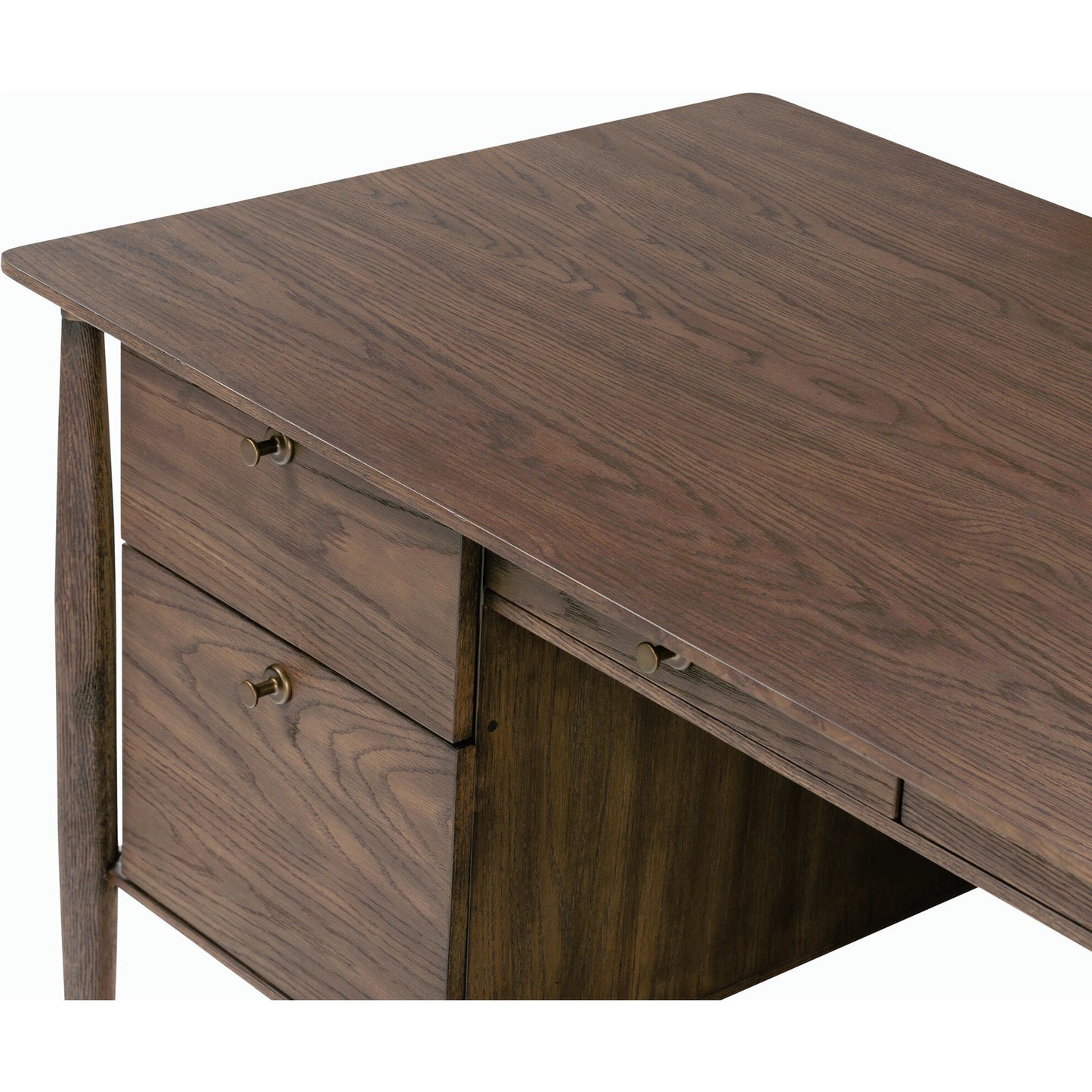 010 SI-2158294 | Closeup | Markia Executive Desk by Four Hands in aged oak veneer, rubbed bronze and aged oak veneer. Made from oak veneer, solid oak, iron in a modern style.