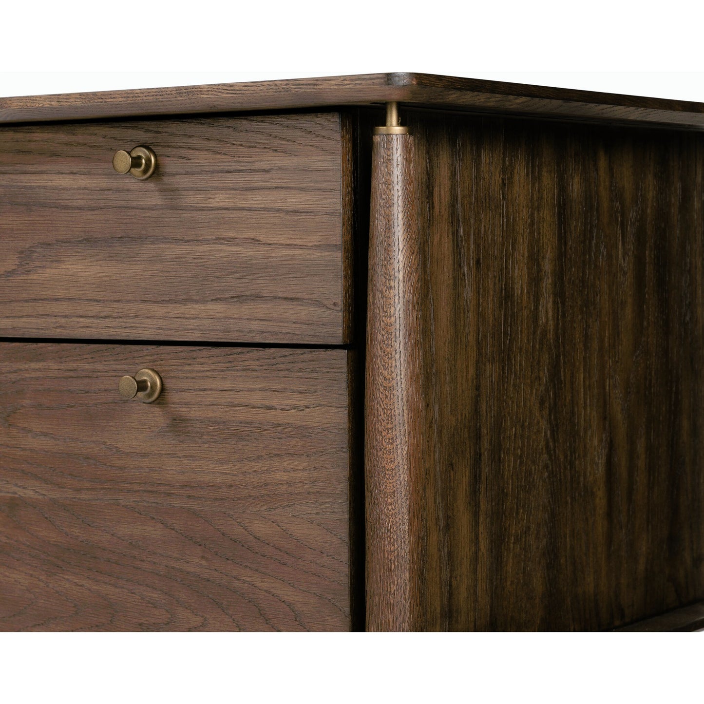 011 SI-2158294 | Closeup | Markia Executive Desk by Four Hands in aged oak veneer, rubbed bronze and aged oak veneer. Made from oak veneer, solid oak, iron in a modern style.