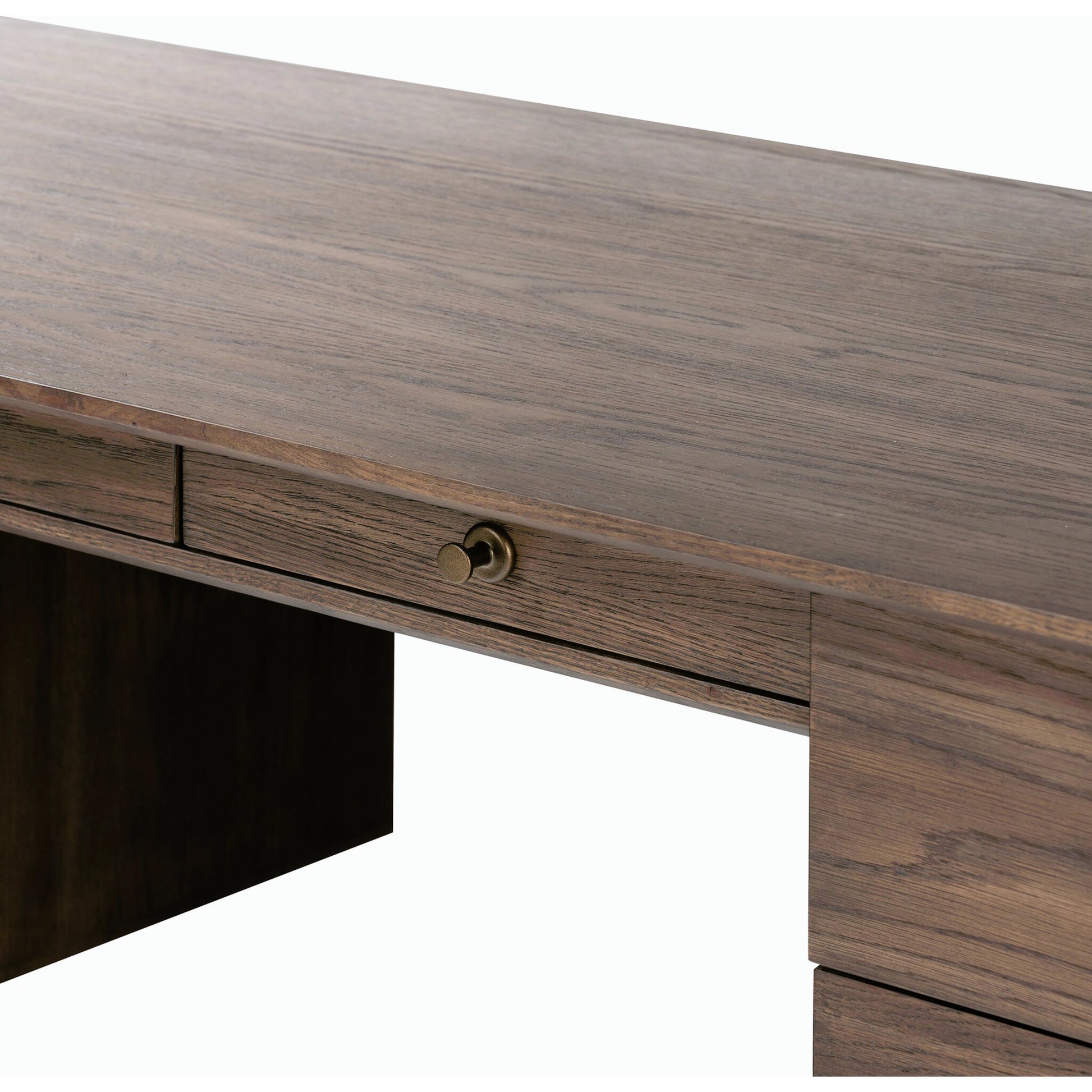 Markia Executive Desk by Four Hands in aged oak veneer, rubbed bronze and aged oak veneer. Made from oak veneer, solid oak, iron in a modern style.