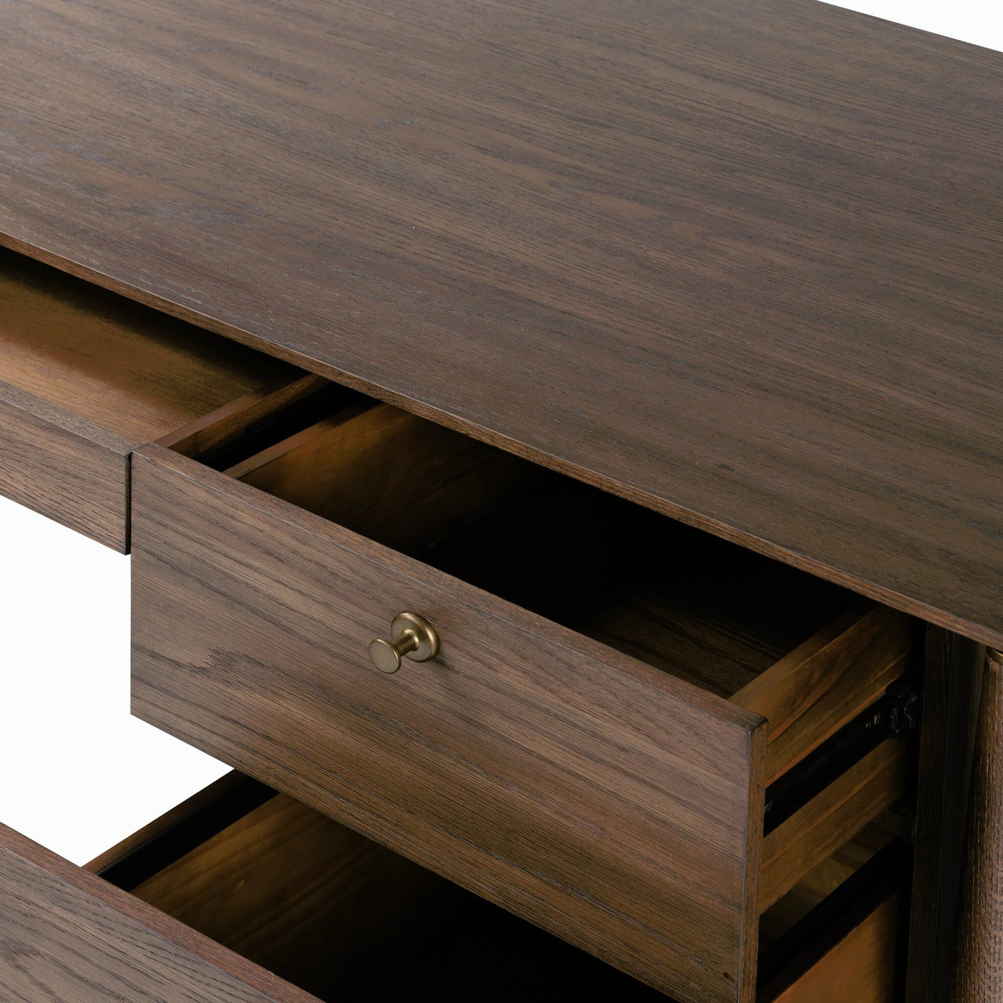 013 SI-2158294 | Closeup | Markia Executive Desk by Four Hands in aged oak veneer, rubbed bronze and aged oak veneer. Made from oak veneer, solid oak, iron in a modern style.