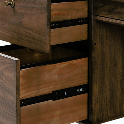 Markia Executive Desk by Four Hands in aged oak veneer, rubbed bronze and aged oak veneer. Made from oak veneer, solid oak, iron in a modern style.