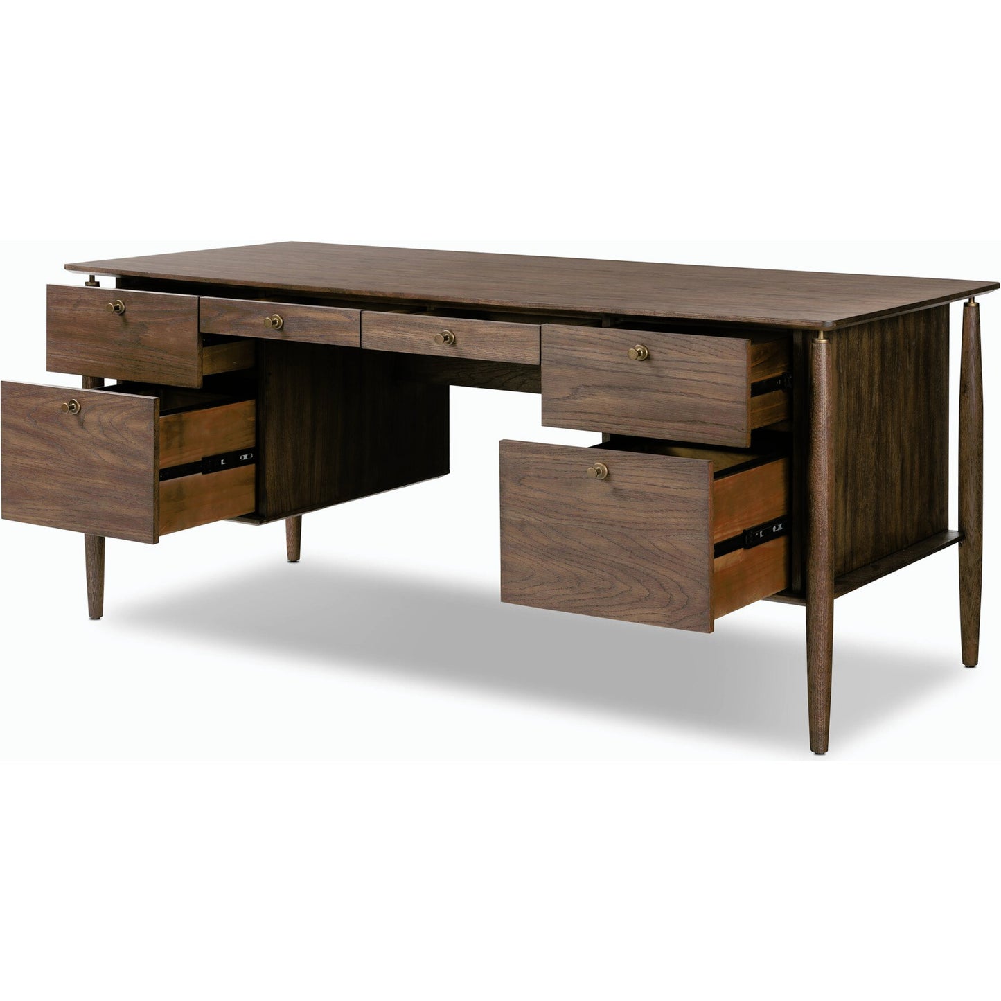 006 SI-2158294 | Closeup | Markia Executive Desk by Four Hands in aged oak veneer, rubbed bronze and aged oak veneer. Made from oak veneer, solid oak, iron in a modern style.