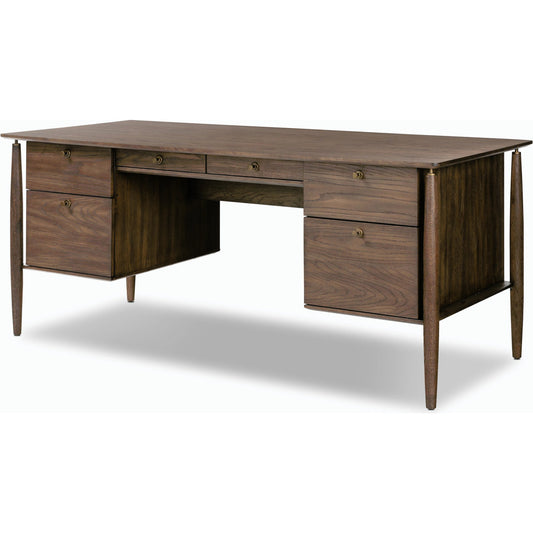 Markia Executive Desk by Four Hands in aged oak veneer, rubbed bronze and aged oak veneer. Made from oak veneer, solid oak, iron in a modern style.