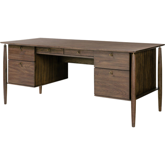 Markia Executive Desk by Four Hands in aged oak veneer, rubbed bronze and aged oak veneer. Made from oak veneer, solid oak, iron in a modern style.