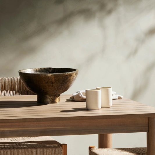 Jagen Outdoor Pedestal Bowl by Four Hands in rustic cast. Made from aluminum in a modern style.