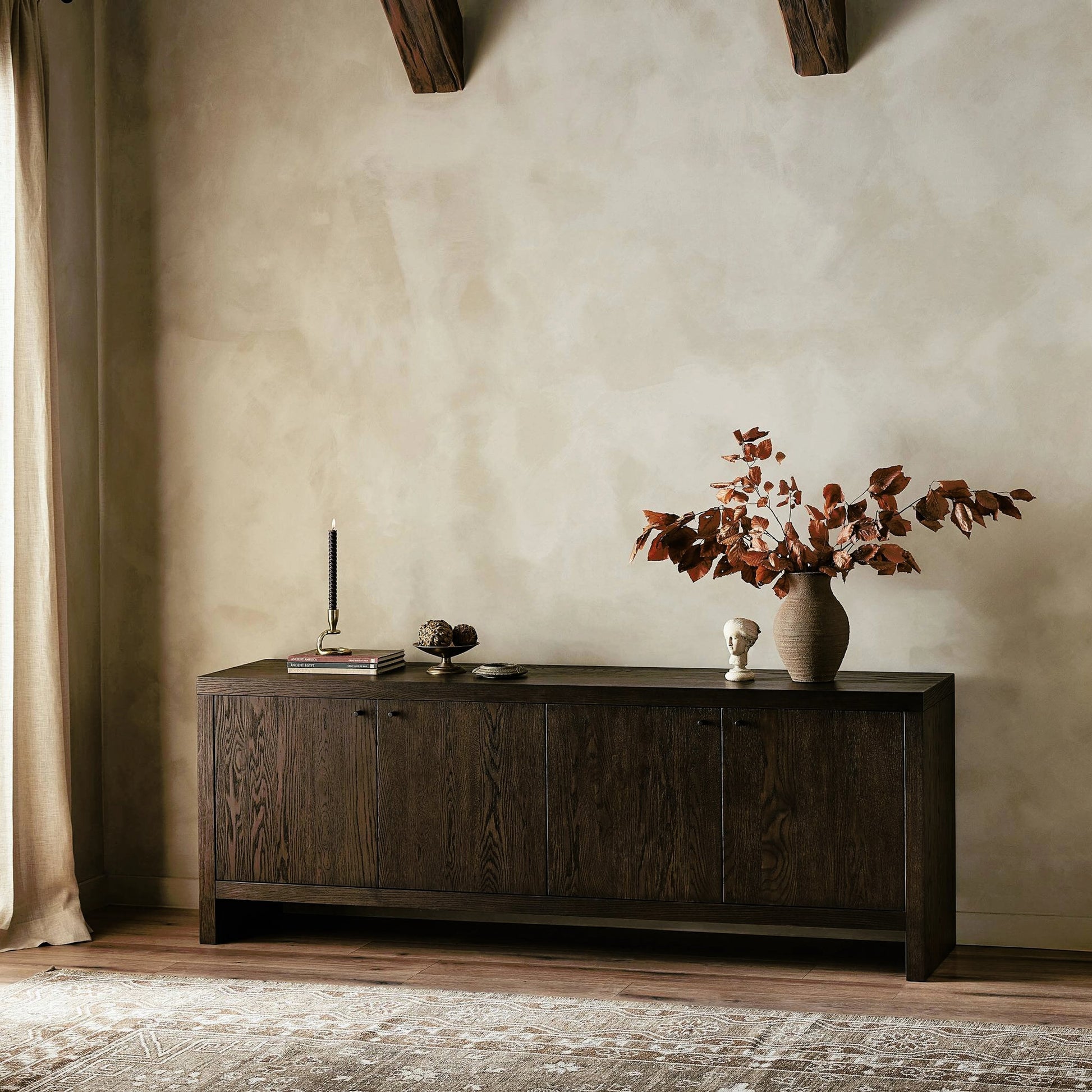 Torrington Sideboard by Four Hands in sandy oak veneer, sandy oak resawn. Made from oak veneer, resawn oak veneer in a modern style.