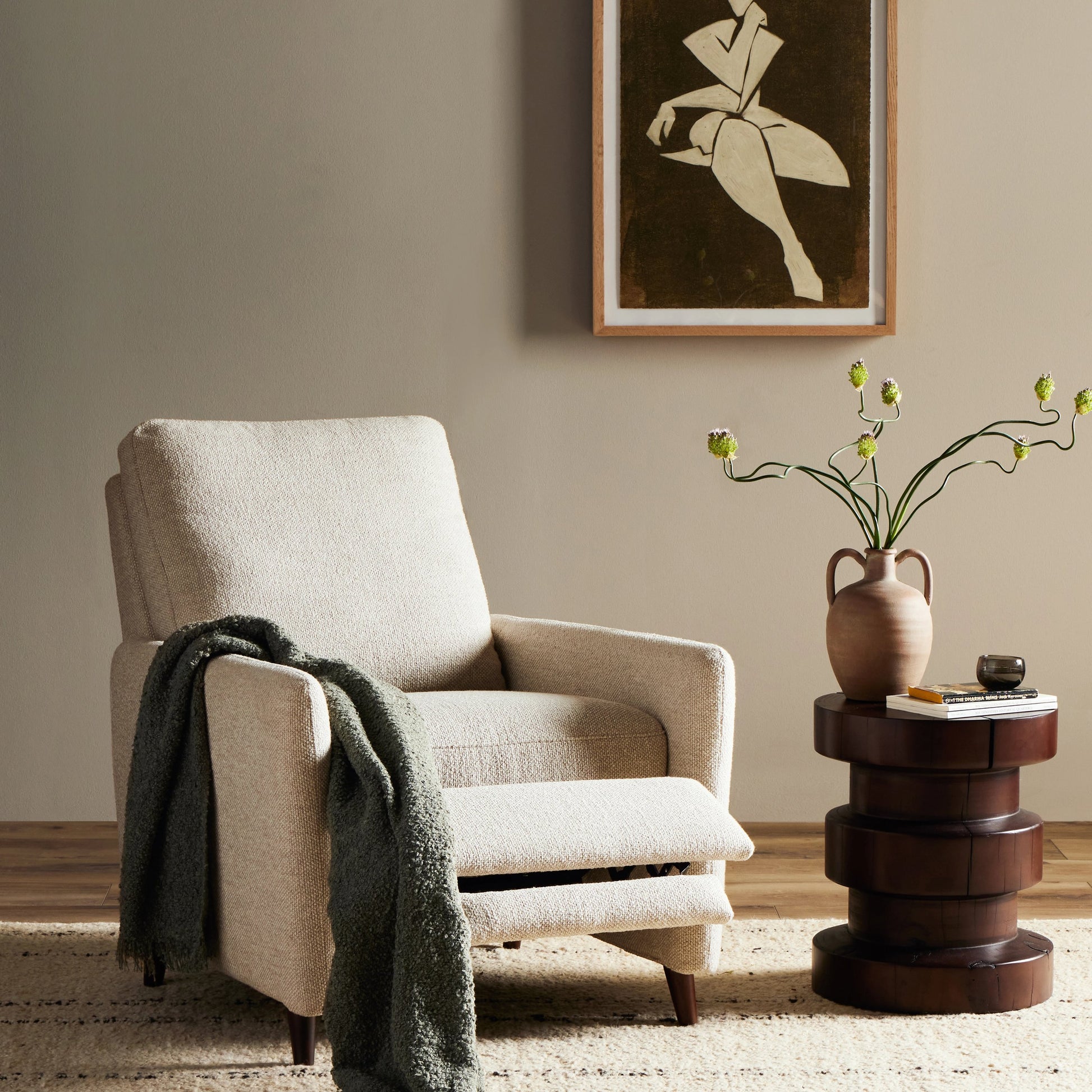 Wallen Recliner by Four Hands in nova taupe and dark auburn walnut. Made from 100% polyester, solid rosa morada, 100% polyester fiber in a modern style.