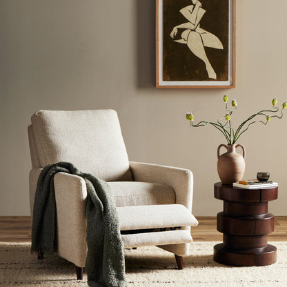 Wallen Recliner by Four Hands in nova taupe and dark auburn walnut. Made from 100% polyester, solid rosa morada, 100% polyester fiber in a modern style.