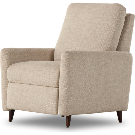 Wallen Recliner by Four Hands in nova taupe and dark auburn walnut. Made from 100% polyester, solid rosa morada, 100% polyester fiber in a modern style.