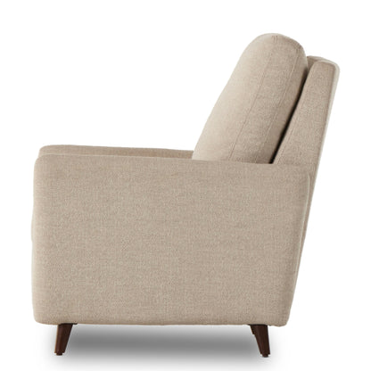 Wallen Recliner by Four Hands in nova taupe and dark auburn walnut. Made from 100% polyester, solid rosa morada, 100% polyester fiber in a modern style.