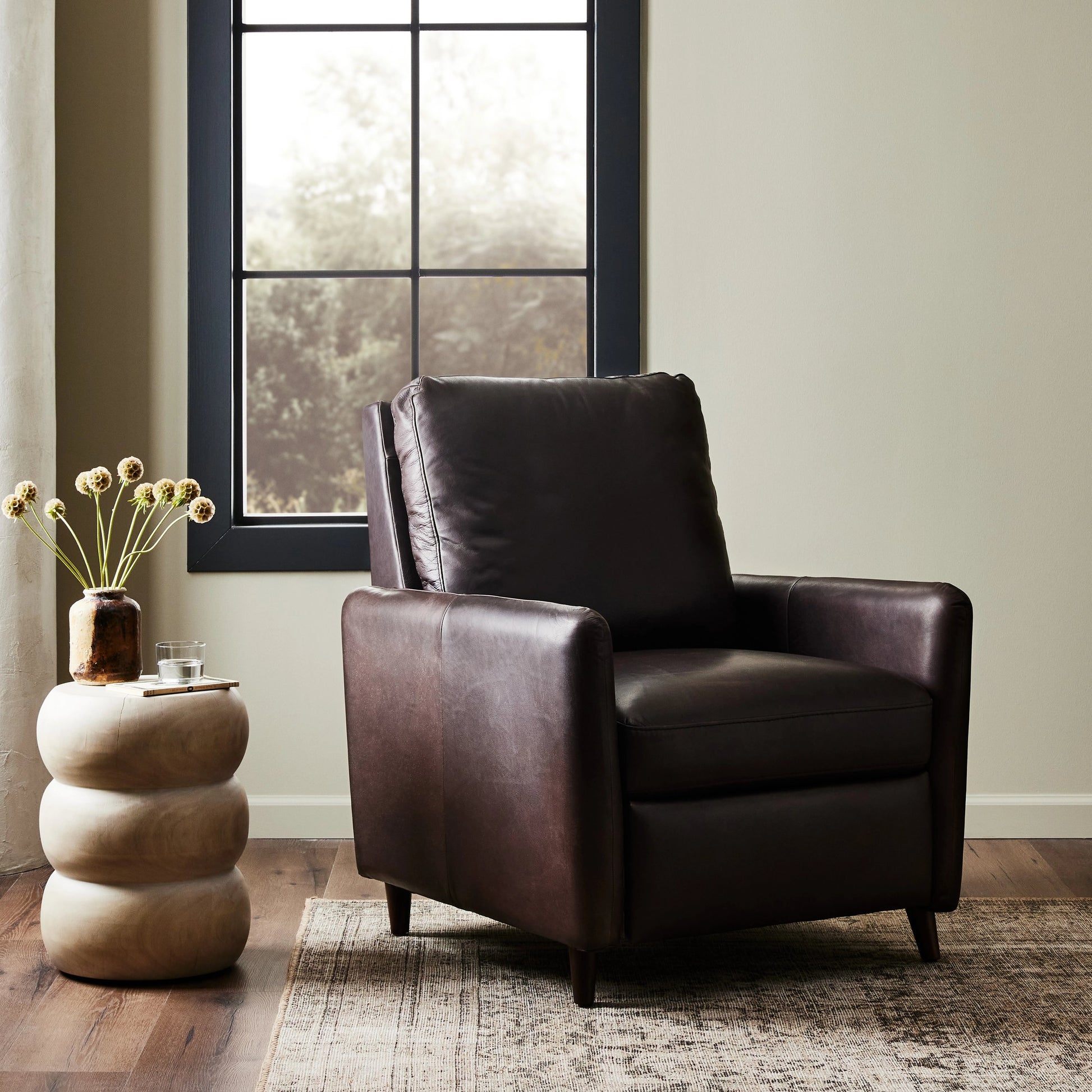 Wallen Recliner by Four Hands in nova taupe and dark auburn walnut. Made from 100% polyester, solid rosa morada, 100% polyester fiber in a modern style.
