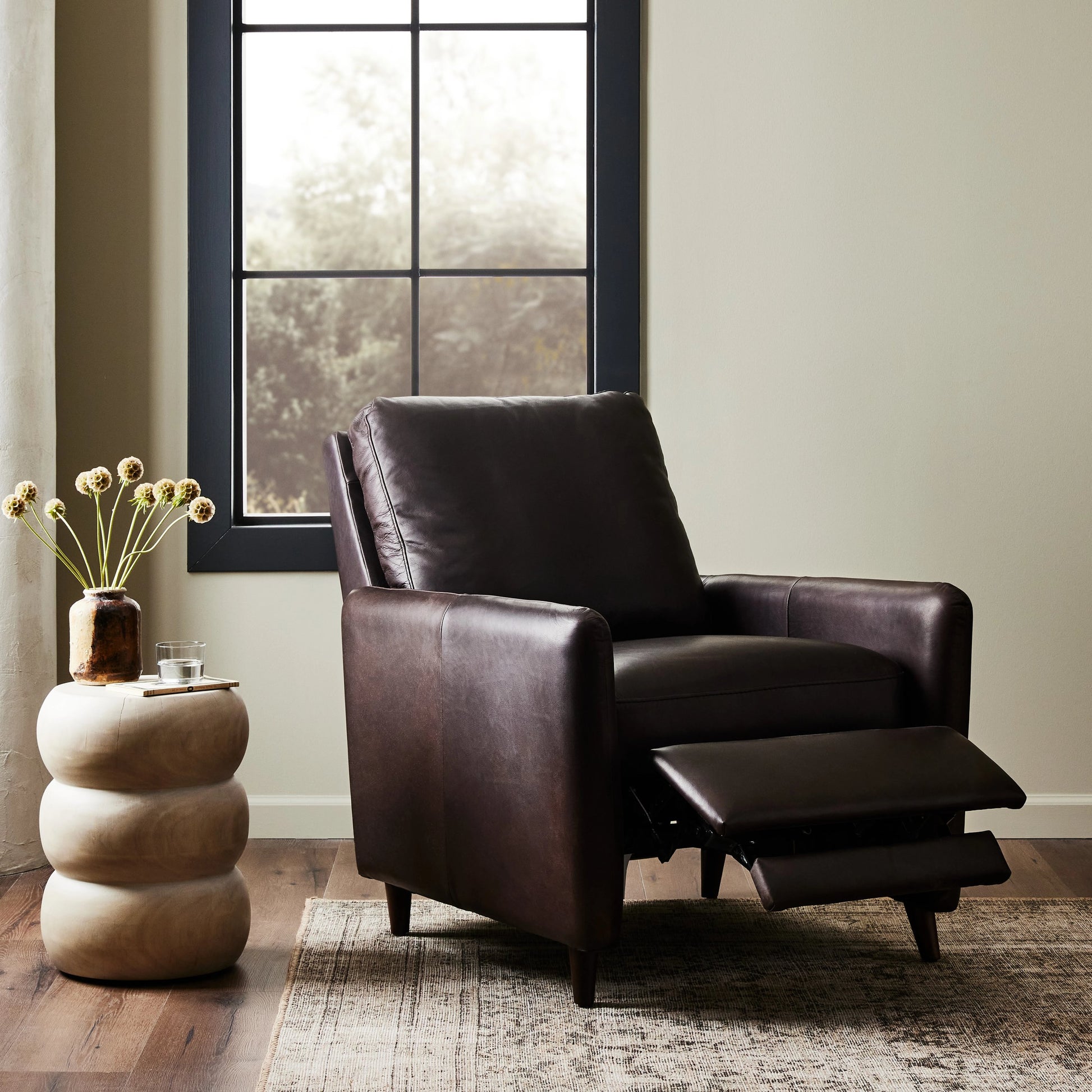 Wallen Recliner by Four Hands in nova taupe and dark auburn walnut. Made from 100% polyester, solid rosa morada, 100% polyester fiber in a modern style.