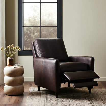 Wallen Recliner by Four Hands in nova taupe and dark auburn walnut. Made from 100% polyester, solid rosa morada, 100% polyester fiber in a modern style.
