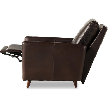 Wallen Recliner by Four Hands in nova taupe and dark auburn walnut. Made from 100% polyester, solid rosa morada, 100% polyester fiber in a modern style.