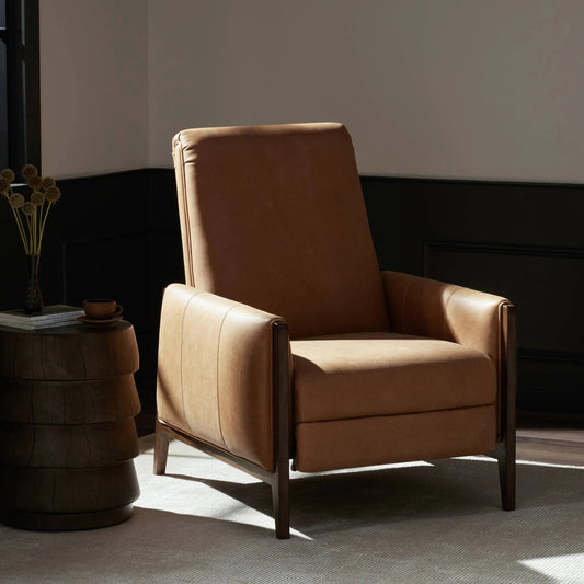 Rudd Recliner by Four Hands in palermo cognac and almond. Made from top grain leather, solid parawood, solid poplar in a modern style.