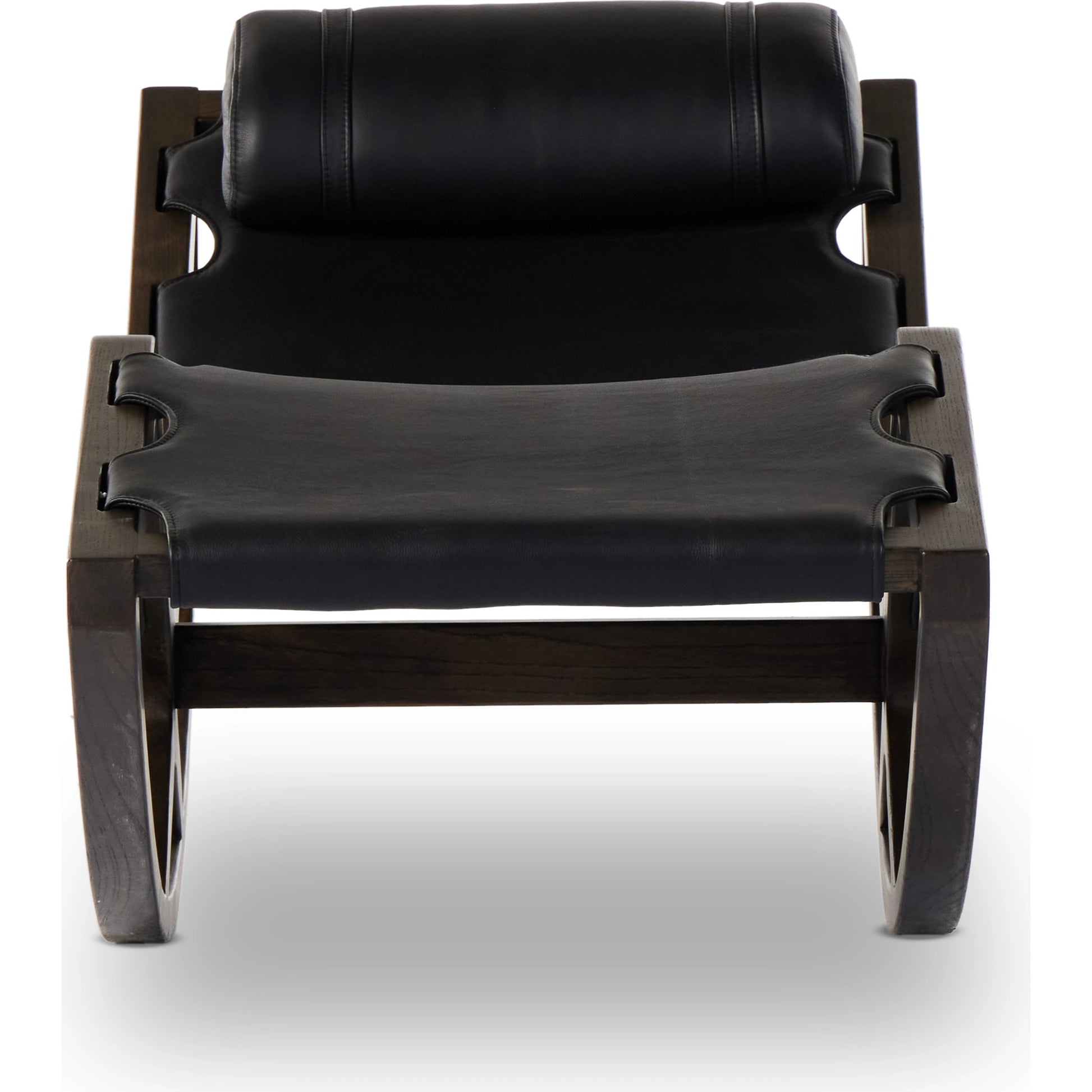 Tarelton Chaise by Four Hands in carson black. Made from top grain leather, solid nettlewood, 90% polyurethane foam pad, 10% polyester fiber batting in a modern style.
