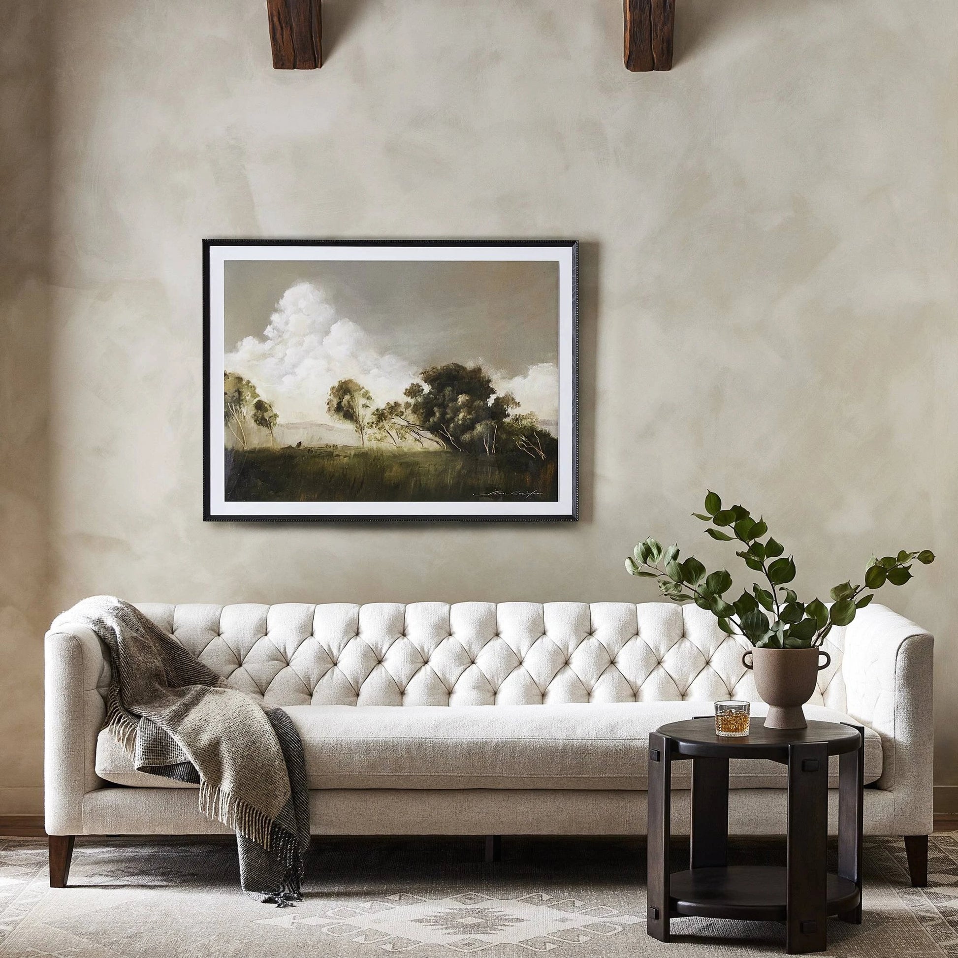 Thurston Sofa by Four Hands in dakota warm taupe and almond. Made from top grain leather, solid parawood, solid poplar in a modern style.