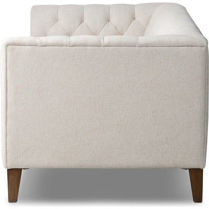 Thurston Sofa by Four Hands in dakota warm taupe and almond. Made from top grain leather, solid parawood, solid poplar in a modern style.