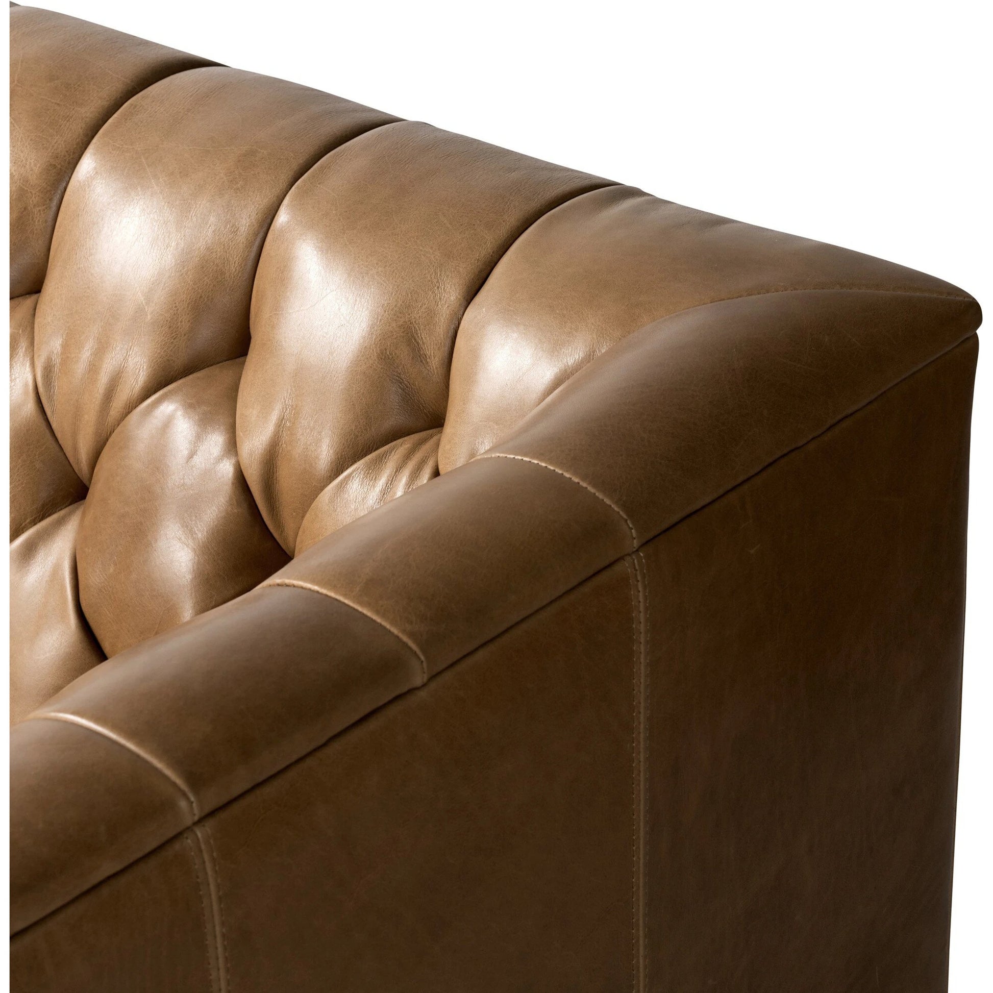 Thurston Sofa by Four Hands in dakota warm taupe and almond. Made from top grain leather, solid parawood, solid poplar in a modern style.