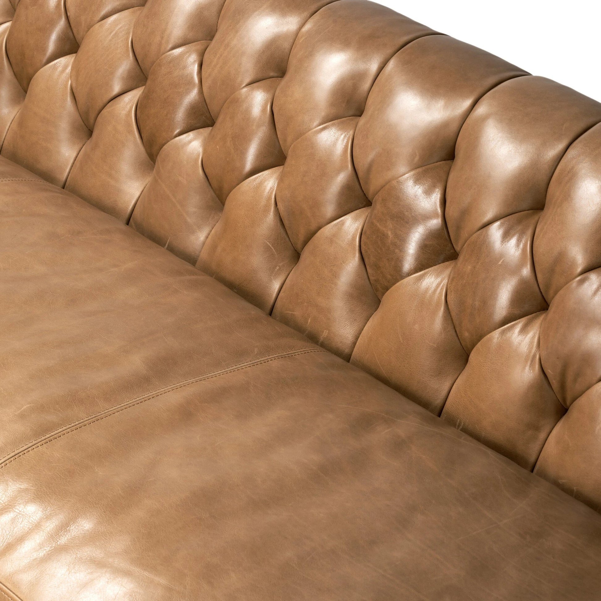 Thurston Sofa by Four Hands in dakota warm taupe and almond. Made from top grain leather, solid parawood, solid poplar in a modern style.