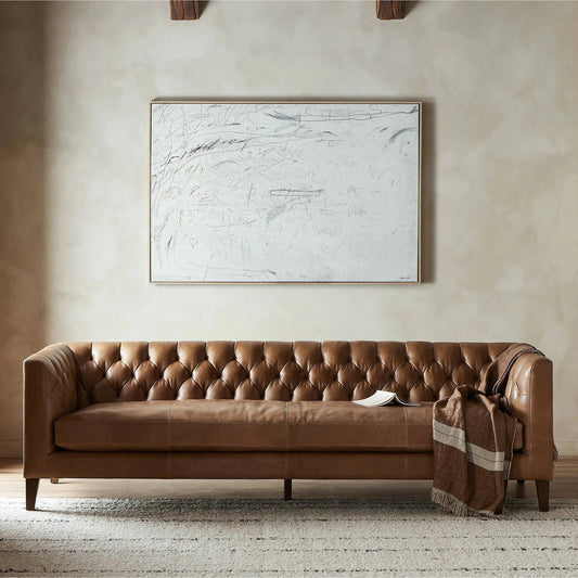 Thurston Sofa by Four Hands in dakota warm taupe and almond. Made from top grain leather, solid parawood, solid poplar in a modern style.