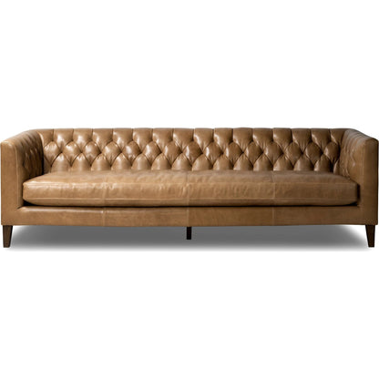 Thurston Sofa by Four Hands in dakota warm taupe and almond. Made from top grain leather, solid parawood, solid poplar in a modern style.
