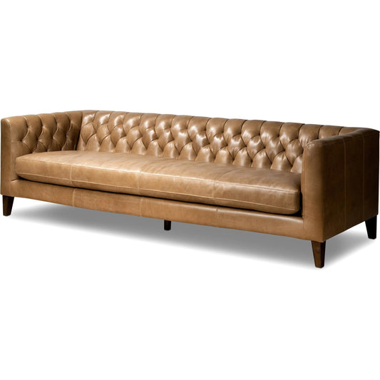 Thurston Sofa by Four Hands in dakota warm taupe and almond. Made from top grain leather, solid parawood, solid poplar in a modern style.