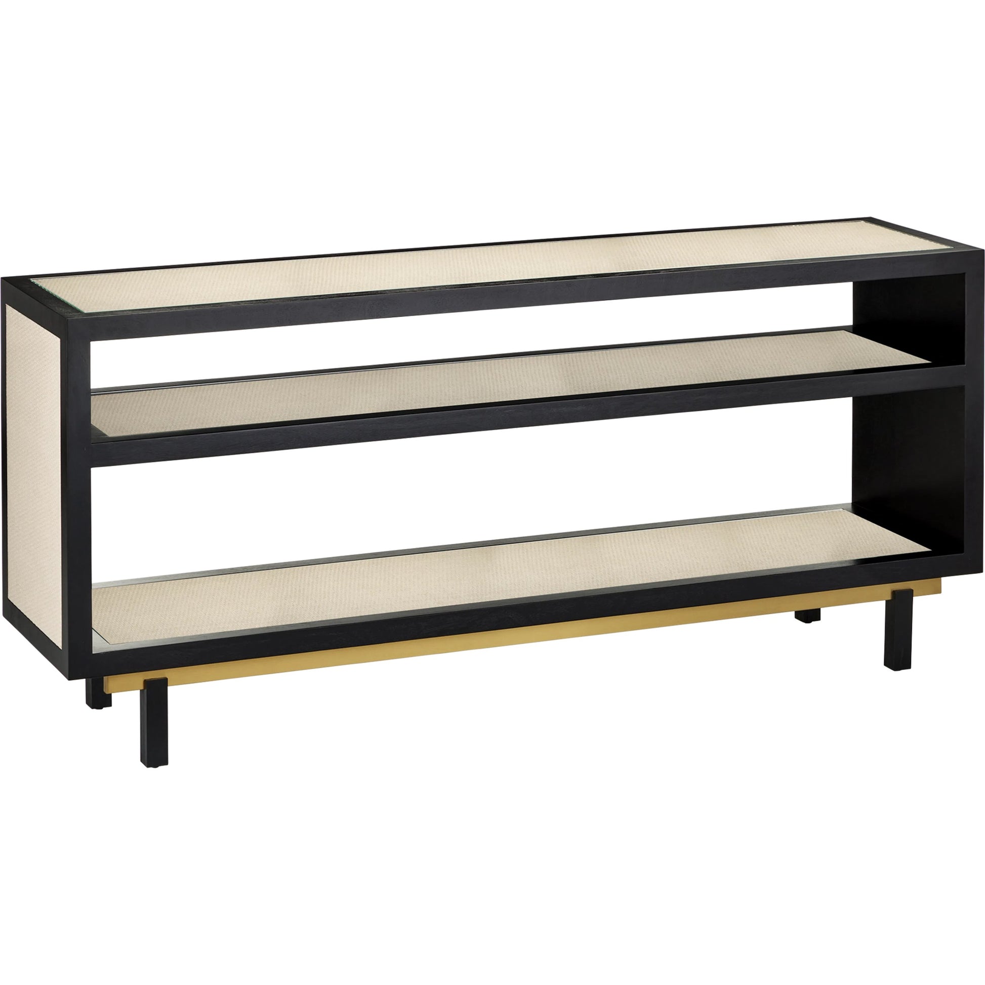Deanna Console Table by Currey and Company in ivory, black, brushed brass, clear. Made from raffia, okume veneer, engineered hardwood, stainless steel, glass in a modern style.