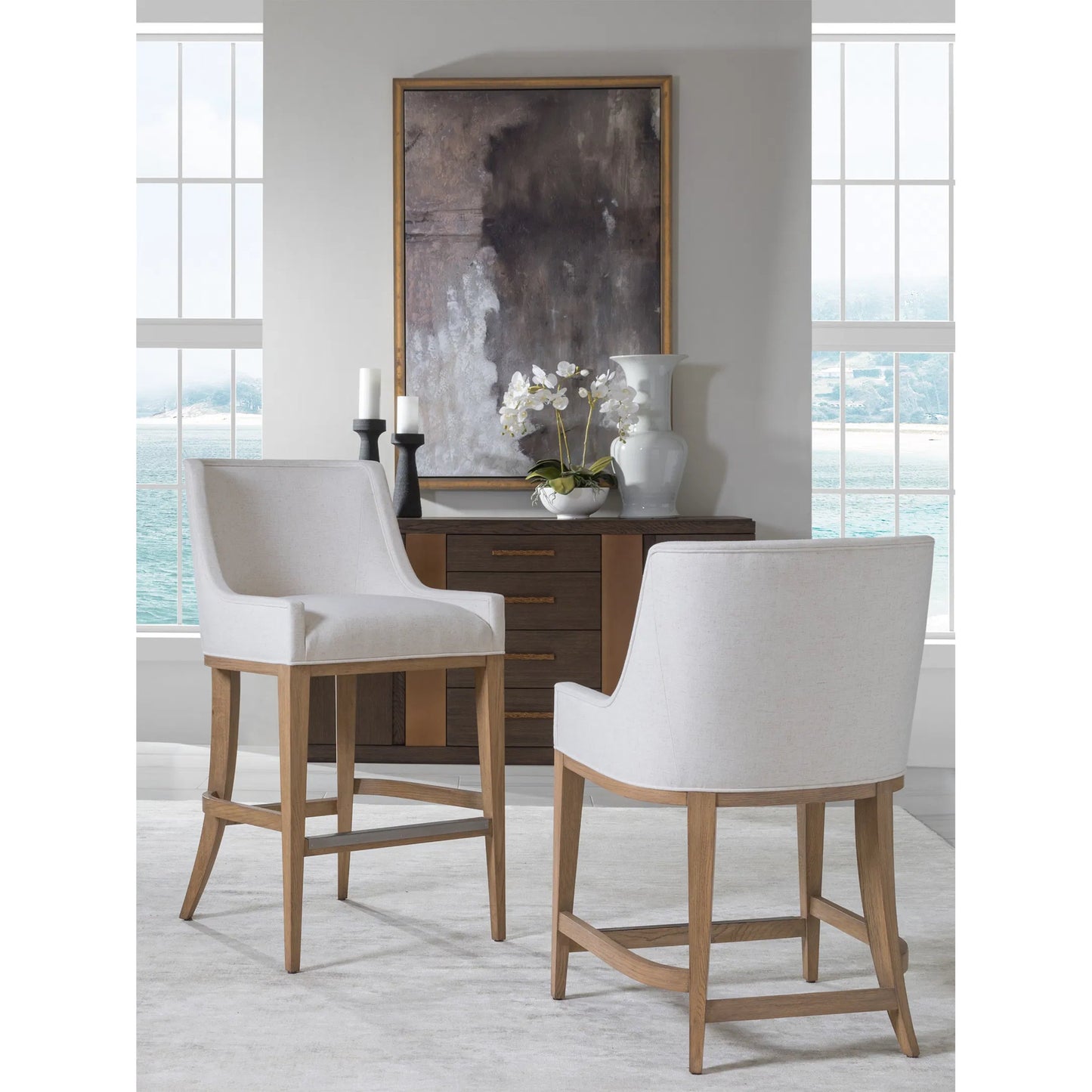 005 SI-2540378 | Lifestyle | Simpatico Upholstered Counter Stool by Artistica Home in white, ivory and white oak. Made from white oak, fabric in a unique style.