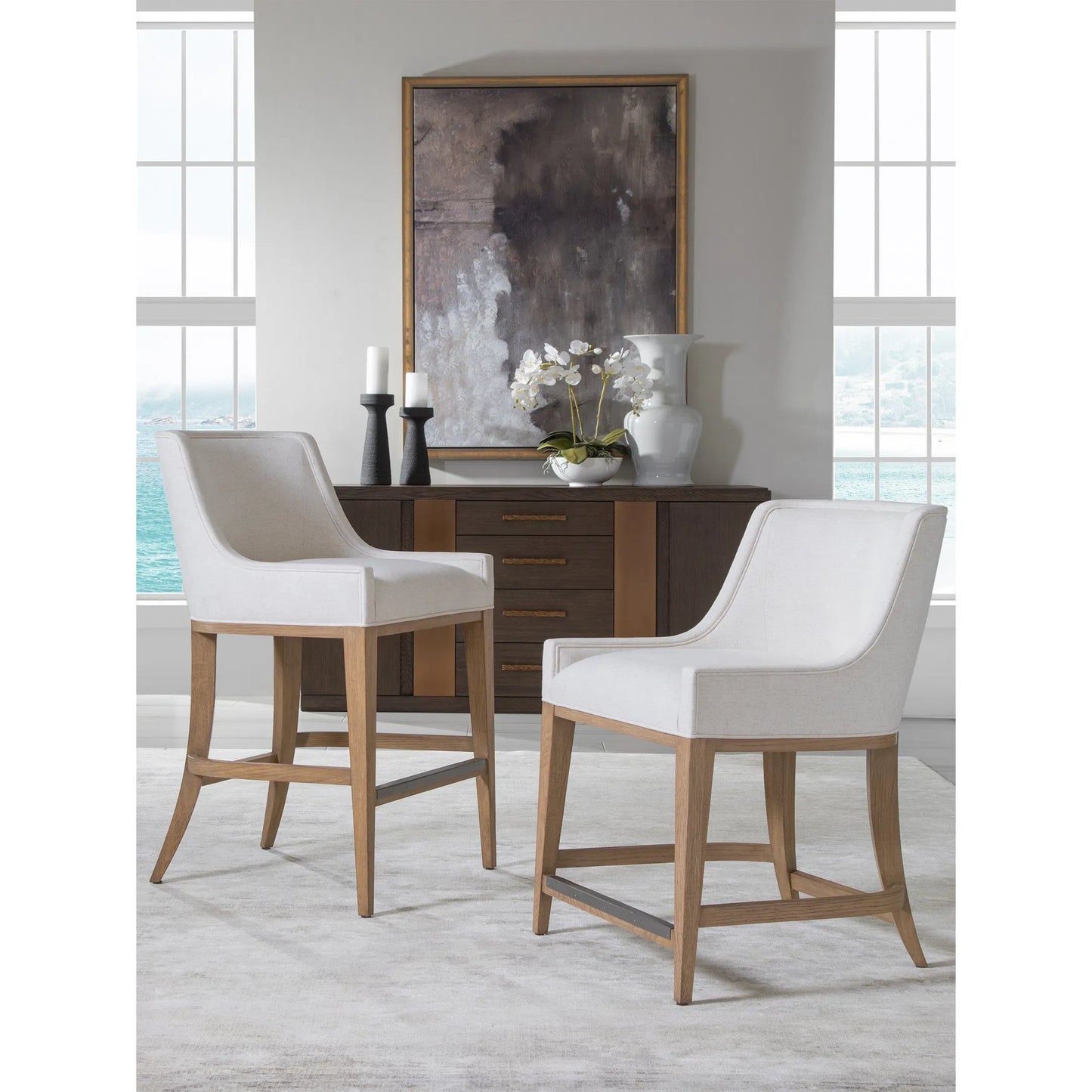 006 SI-2540378 | Lifestyle | Simpatico Upholstered Counter Stool by Artistica Home in white, ivory and white oak. Made from white oak, fabric in a unique style.