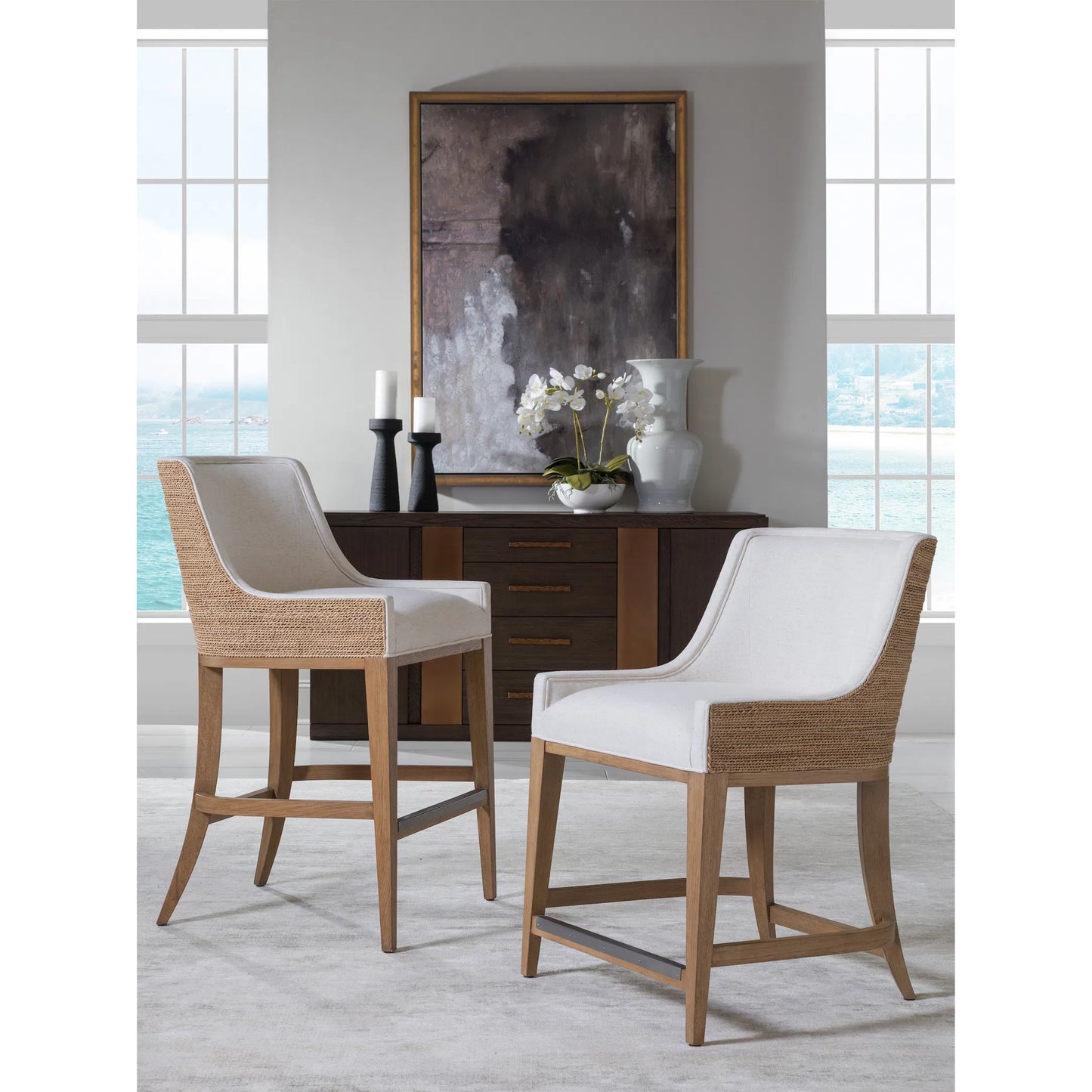 006 SI-2540380 | Lifestyle | Simpatico Woven Back Counter Stool by Artistica Home in white, ivory and white oak. Made from white oak, fabric in a unique style.