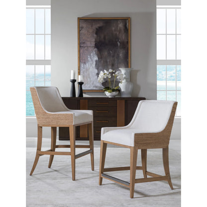 Simpatico Woven Back Counter Stool by Artistica Home in white, ivory and white oak. Made from white oak, fabric in a unique style.