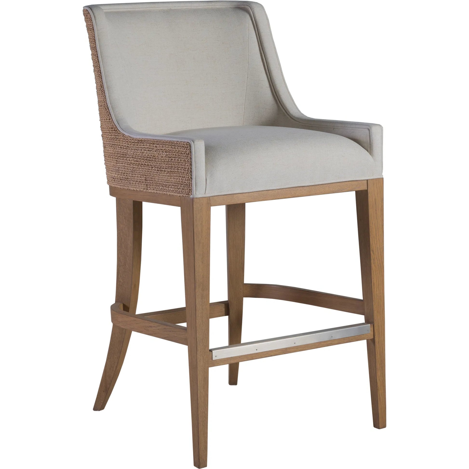 Simpatico Woven Back Bar Stool by Artistica Home in white, ivory and white oak. Made from white oak, fabric in a unique style.