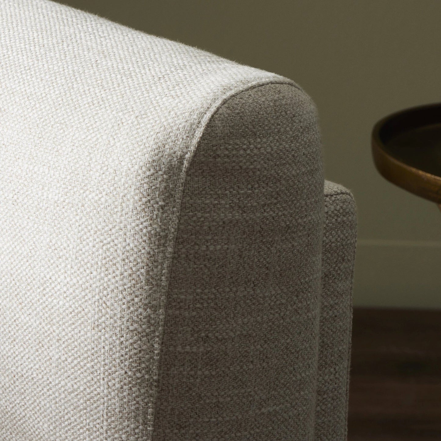 013 SI-2001447 | Closeup | Hartley Chair by Four Hands in dover crescent. Made from 71% viscose (rayon), 17% polyester, 12% flax, linen, poplar plywood, 100% polyester in a modern style.