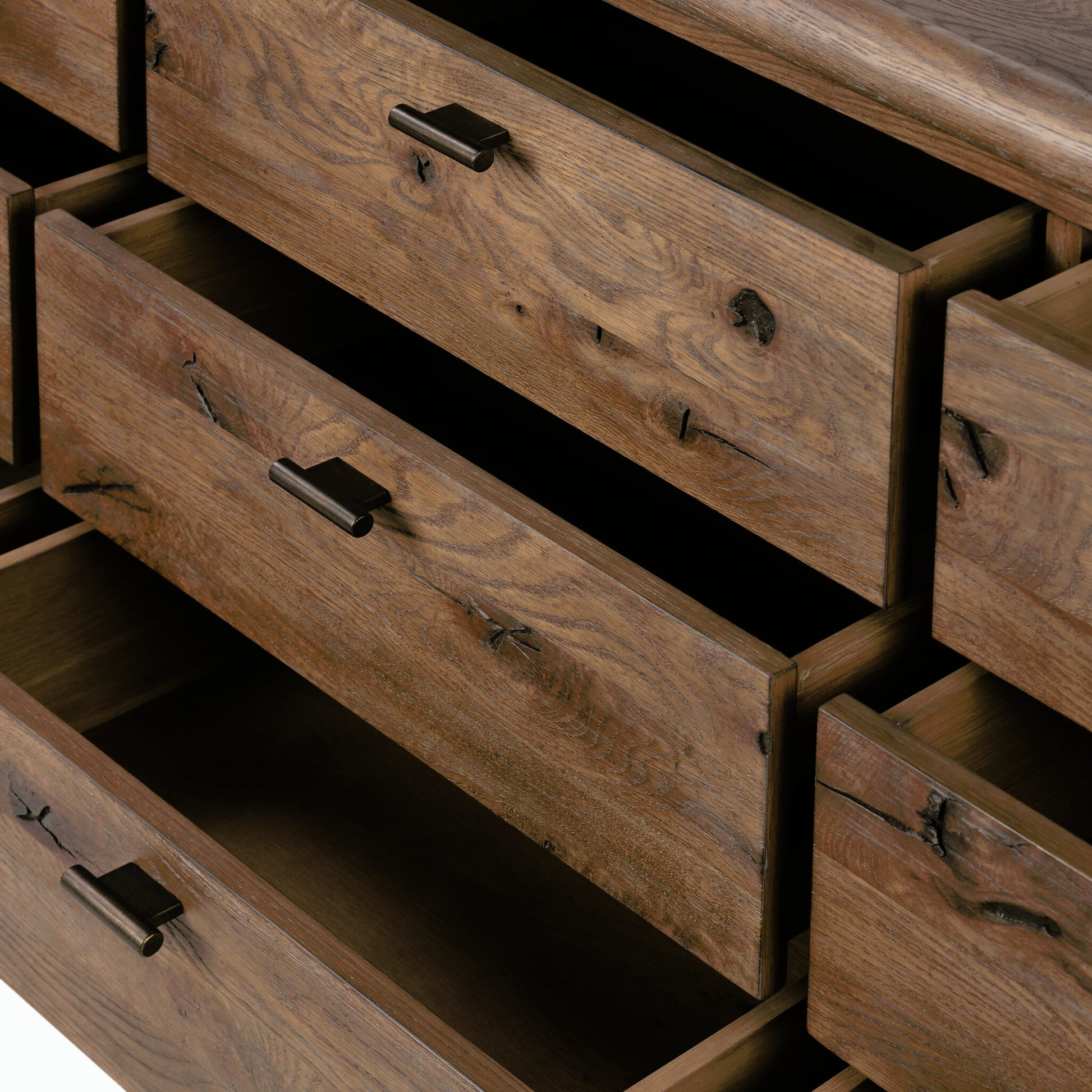 Glenview 9 Drawer Dresser by Four Hands in weathered oak. Made from thick oak veneer, solid oak in a modern style.
