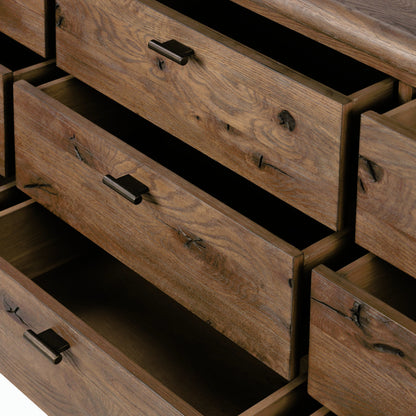 Glenview 9 Drawer Dresser by Four Hands in weathered oak. Made from thick oak veneer, solid oak in a modern style.