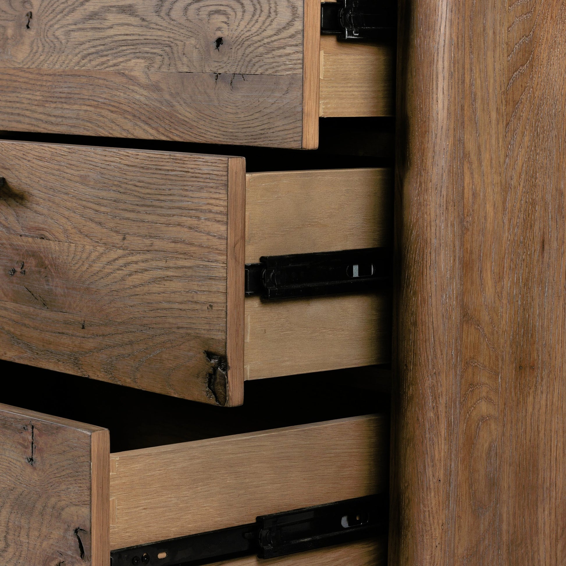 Glenview 9 Drawer Dresser by Four Hands in weathered oak. Made from thick oak veneer, solid oak in a modern style.