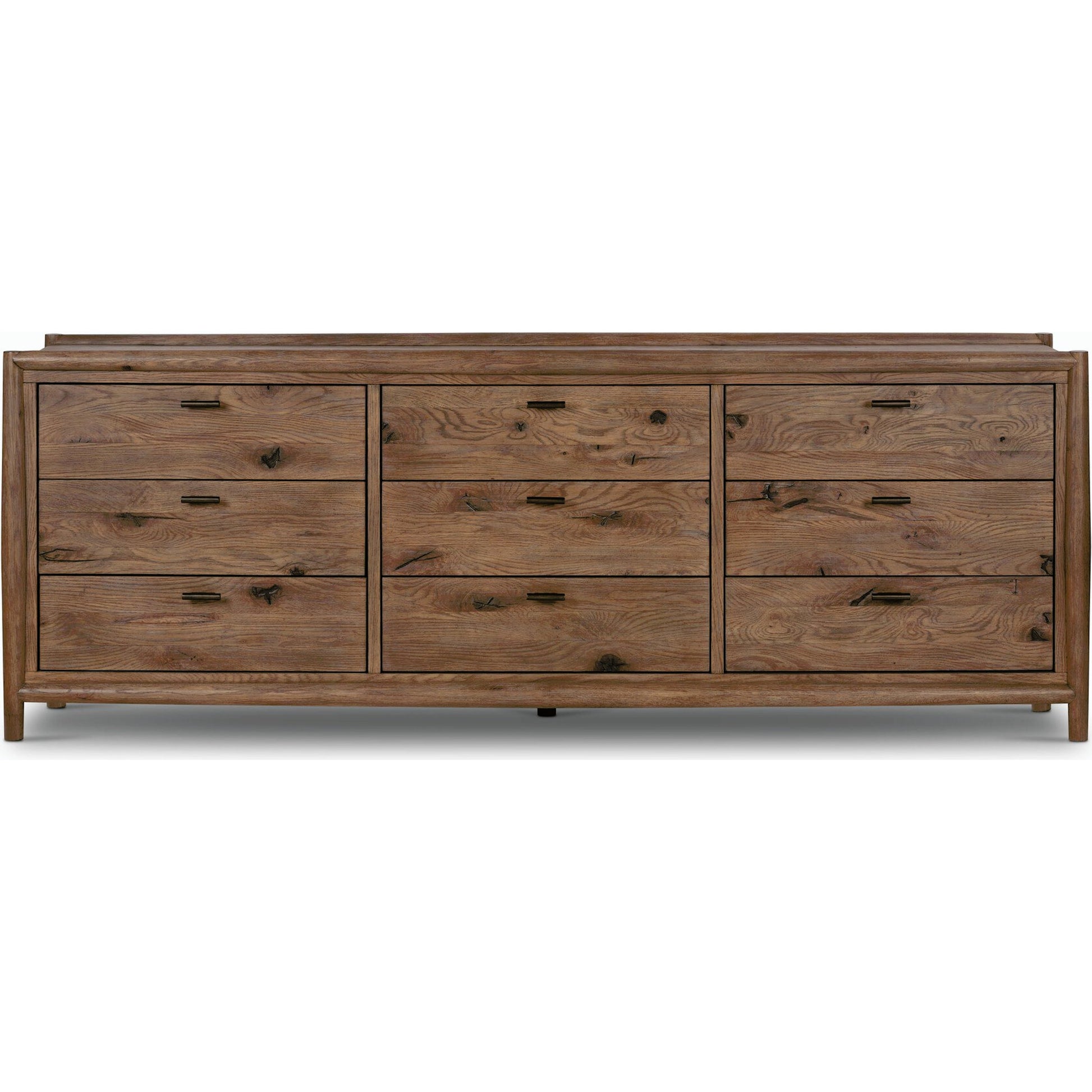Glenview 9 Drawer Dresser by Four Hands in weathered oak. Made from thick oak veneer, solid oak in a modern style.